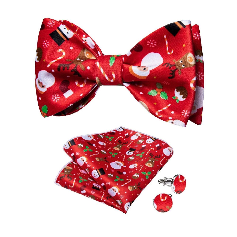 9642 Christmas Bow Tie Silk Festival Self Bowtie and Pocket Square Cufflink